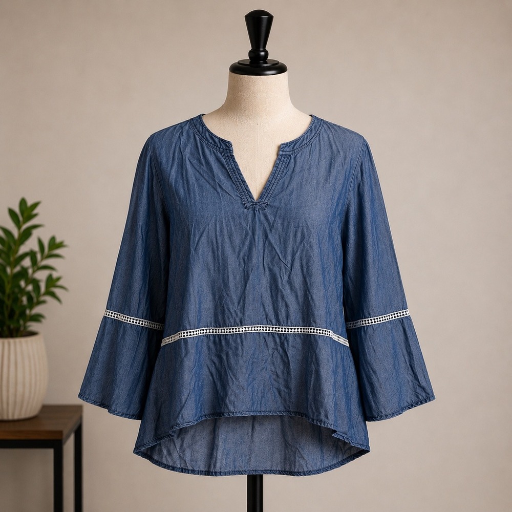 Kelly Renee Womens Blue Chambray Crochet Lace Trim V-Neck High Low Boho Size M